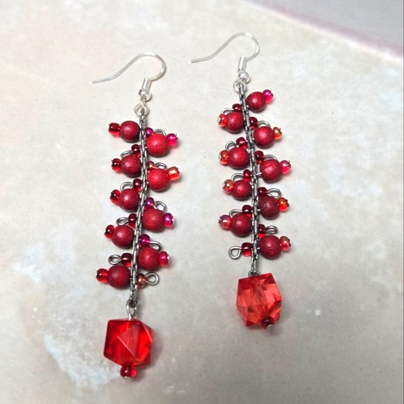 Sliver925 Hook Red Beaded Drop Earrings - Picture 1 of 15